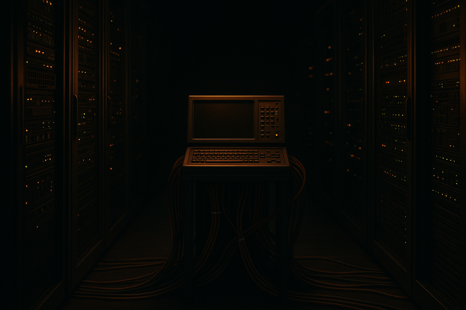 A control console connected to multiple server racks in a data center, suggesting governance across providers.