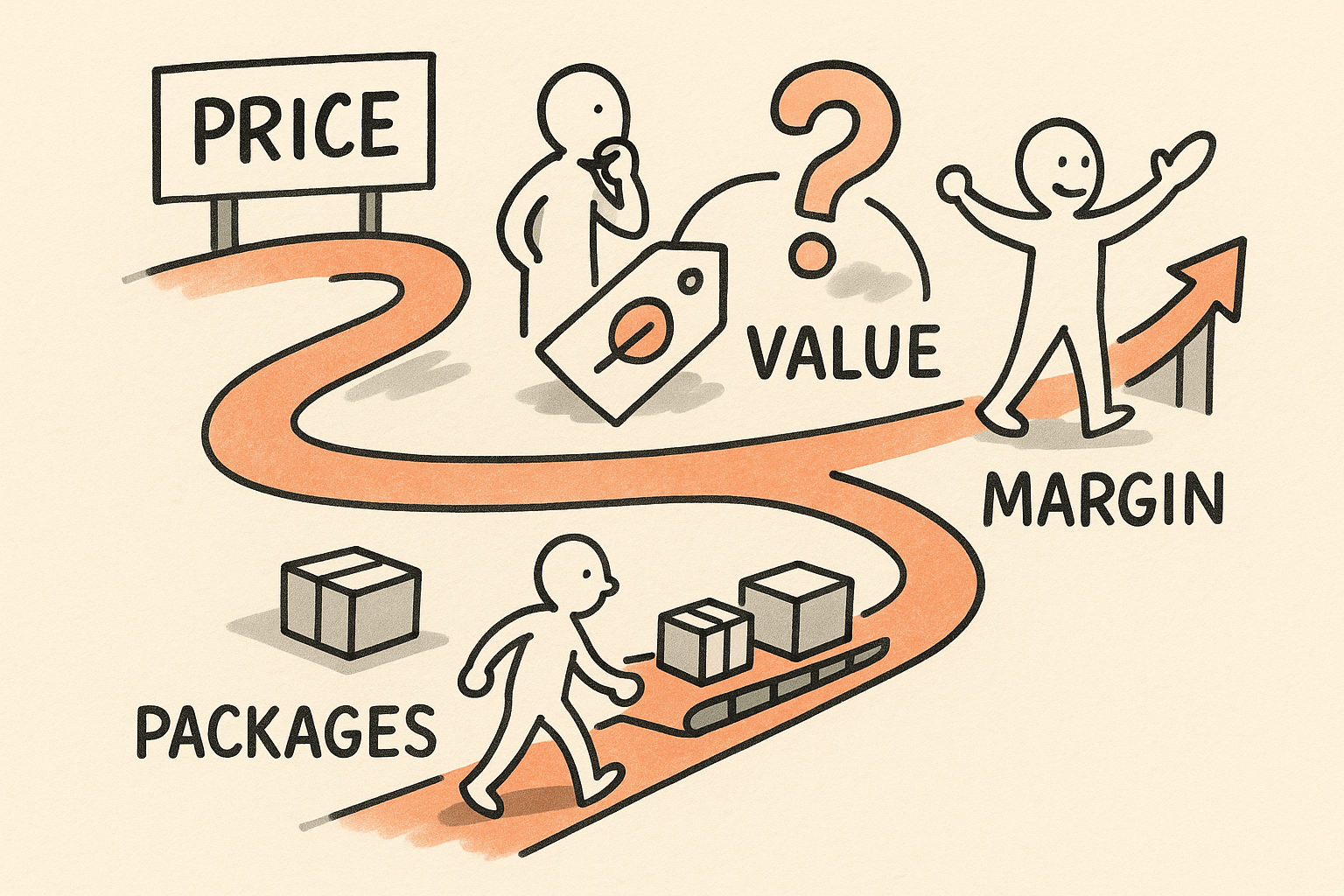 A sketched path showing pricing evolving from ad hoc discounts to a disciplined system with packaging and margin control.