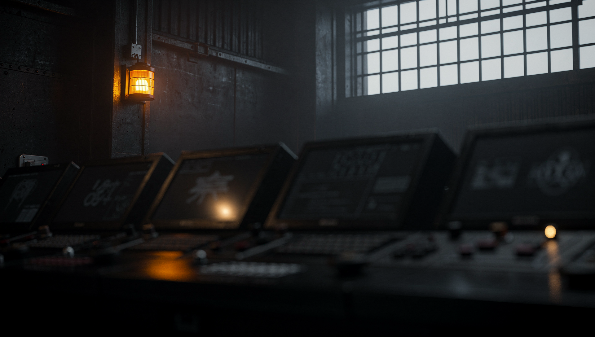 A single amber warning beacon glowing in a dark factory control room at dawn, above a row of dormant monitoring panels.