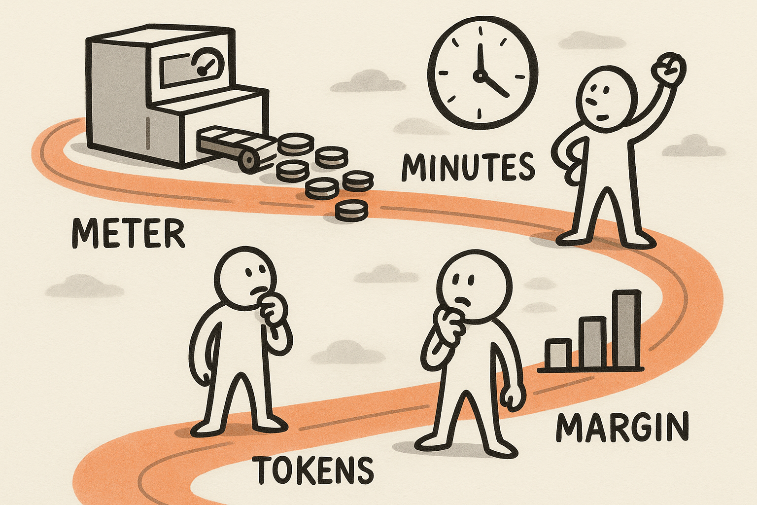 Sketchnote-style path showing AI service delivery being measured and priced to protect gross margin.