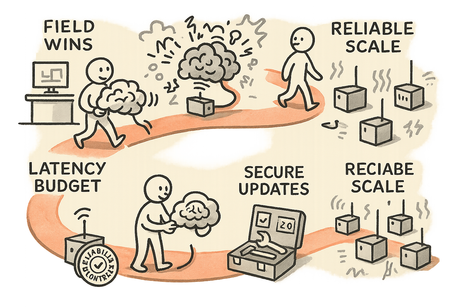A single engineer walks a winding path from a lab to a factory, where a big cloud-dependent model fails in the field, then is replaced by a small on-device model supported by QA and secure updates, ending with many devices running reliably at scale.