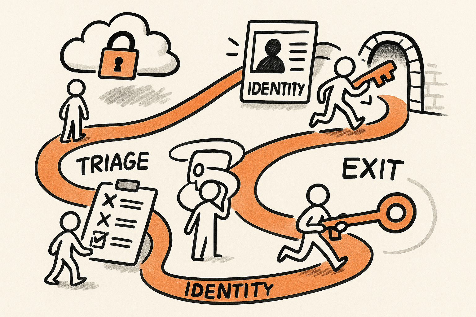 Sketchnote-style path showing a leader triaging workloads and building a control plane with identity, keys, and exit tests.
