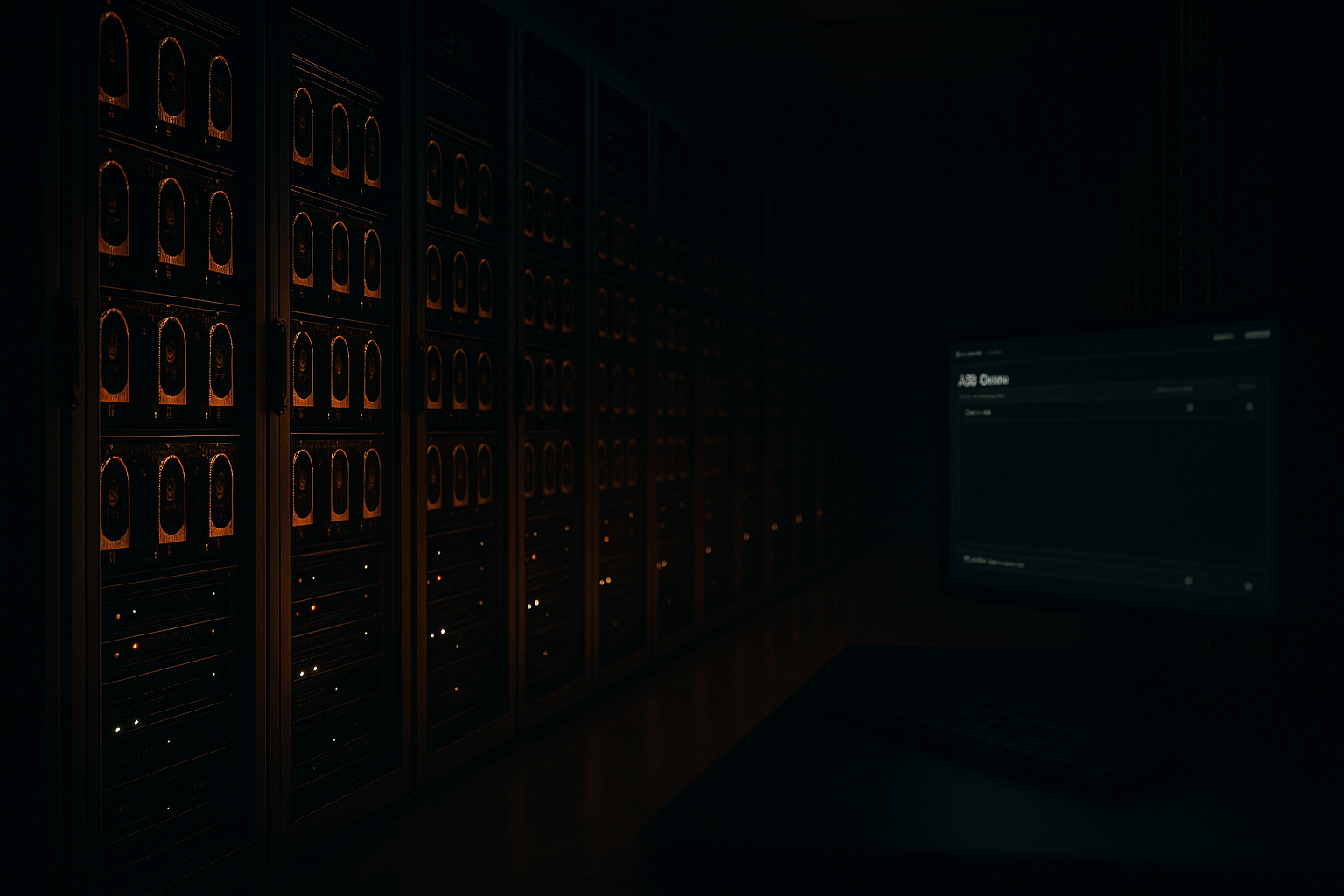 A quiet data center aisle beside a workstation showing an empty compute job queue.