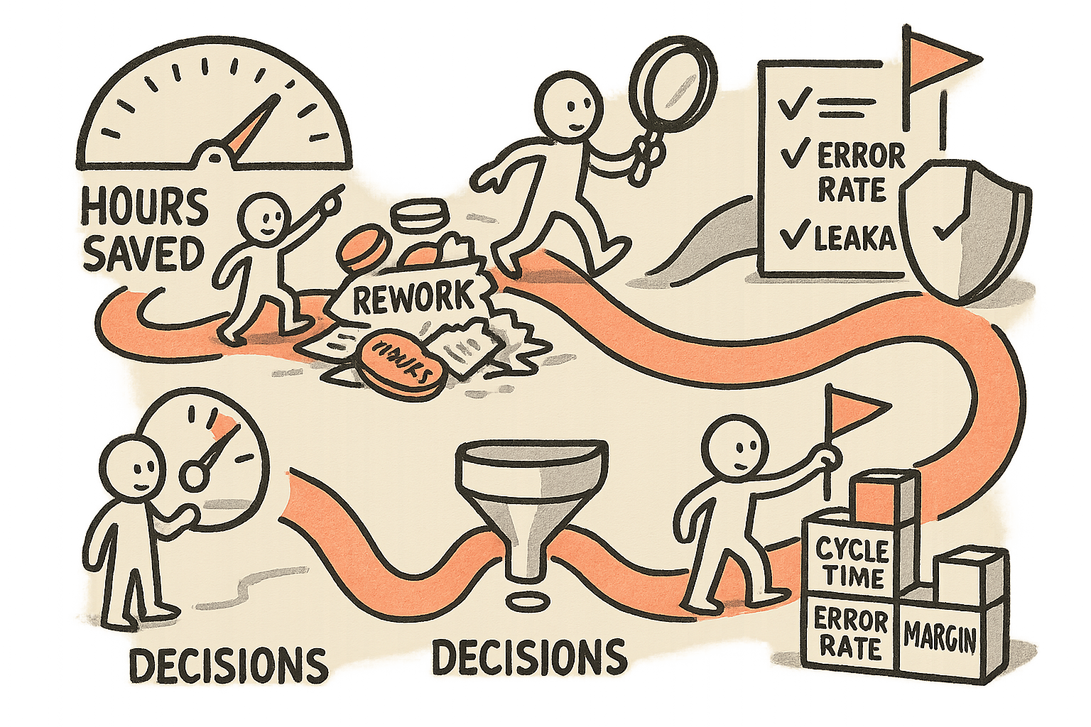 A single stick-figure manager walks a winding path from celebrating an “hours saved” gauge, through rework and risk, to adopting outcome metrics and controls that lead to durable margin on the P&L.