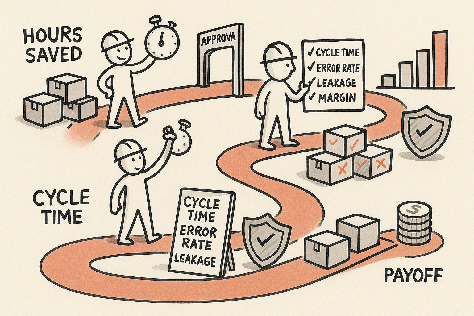 A single stick-figure manager walks a winding path from celebrating a big “HOURS SAVED” stopwatch, through a clogged approval bottleneck and rising risk, to adopting a control checklist focused on cycle time, errors, leakage, and margin, ending with smoother flow and higher margin.