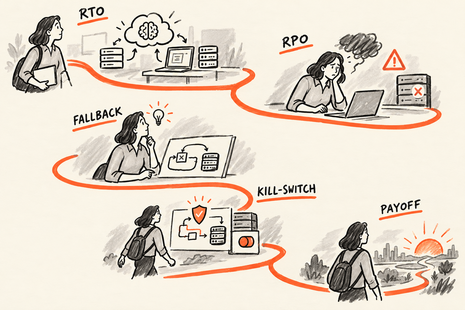 Sketchnote-style path showing an AI workflow with labeled steps for RTO, RPO, fallback, and kill switch.