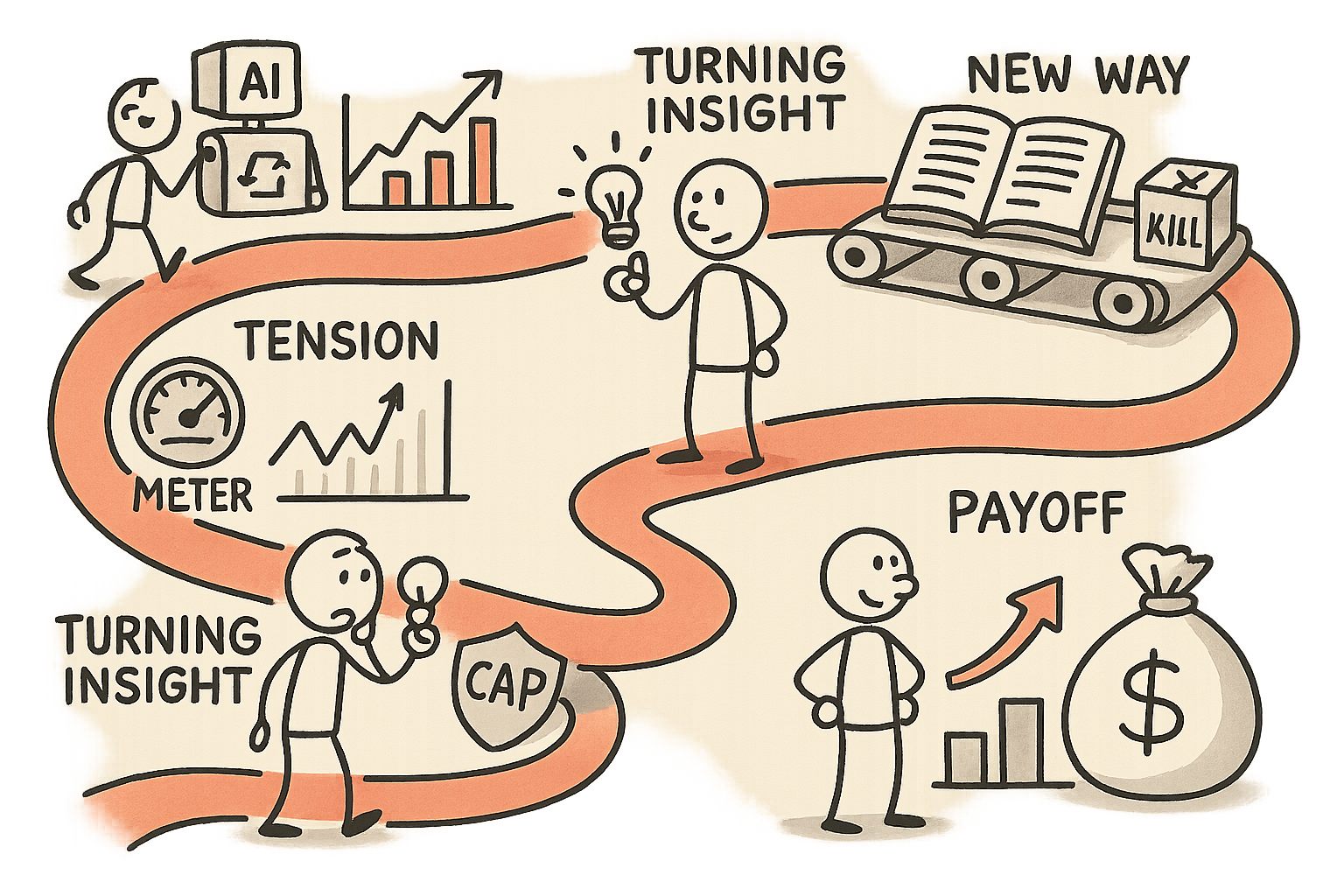 Sketchnote-style path showing a leader moving from surprise AI agent bills to caps, a usage ledger, and controlled scaling.