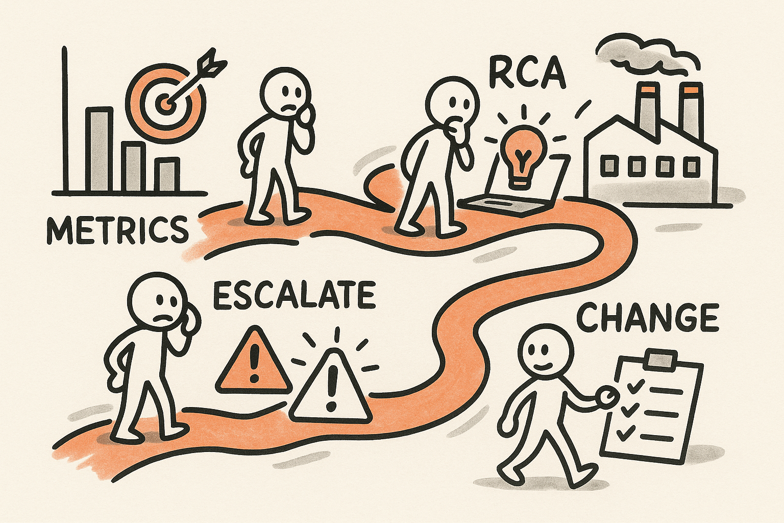 Sketchnote-style path showing a leader implementing supplier metrics, escalation, root-cause analysis, and change control to improve quality.