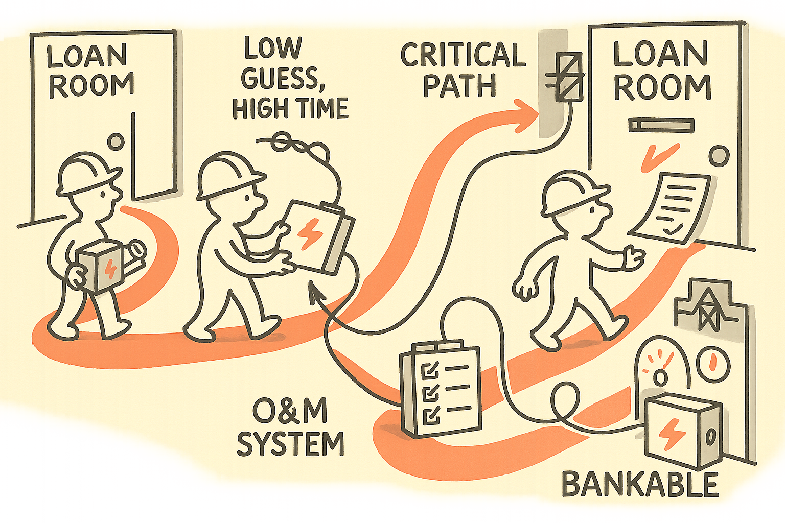 A single hard-hat operator walks a winding cord-shaped path from a closed loan room, struggles with a tangled grid plug and uncertainty, then straightens the interconnection path and adds an O&M checklist to the same battery box, ending with a smoothly connected, high-uptime system and an opened door with approved papers.
