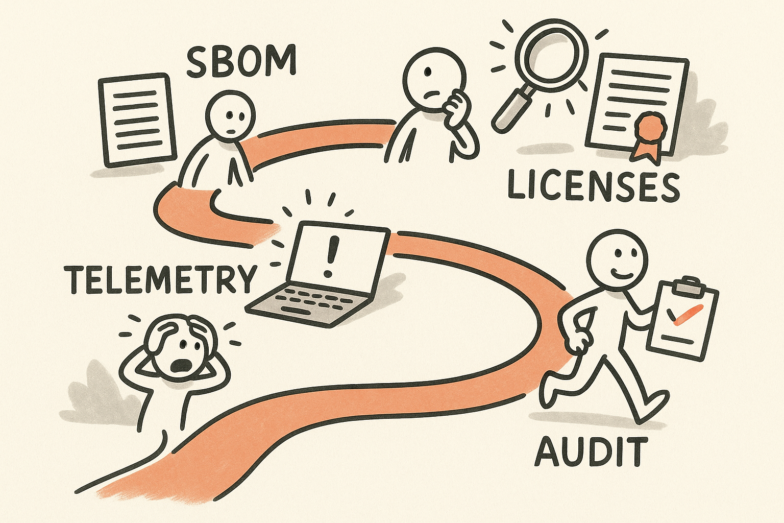 Sketchnote-style path showing steps to prove software components and data flows in a connected product.