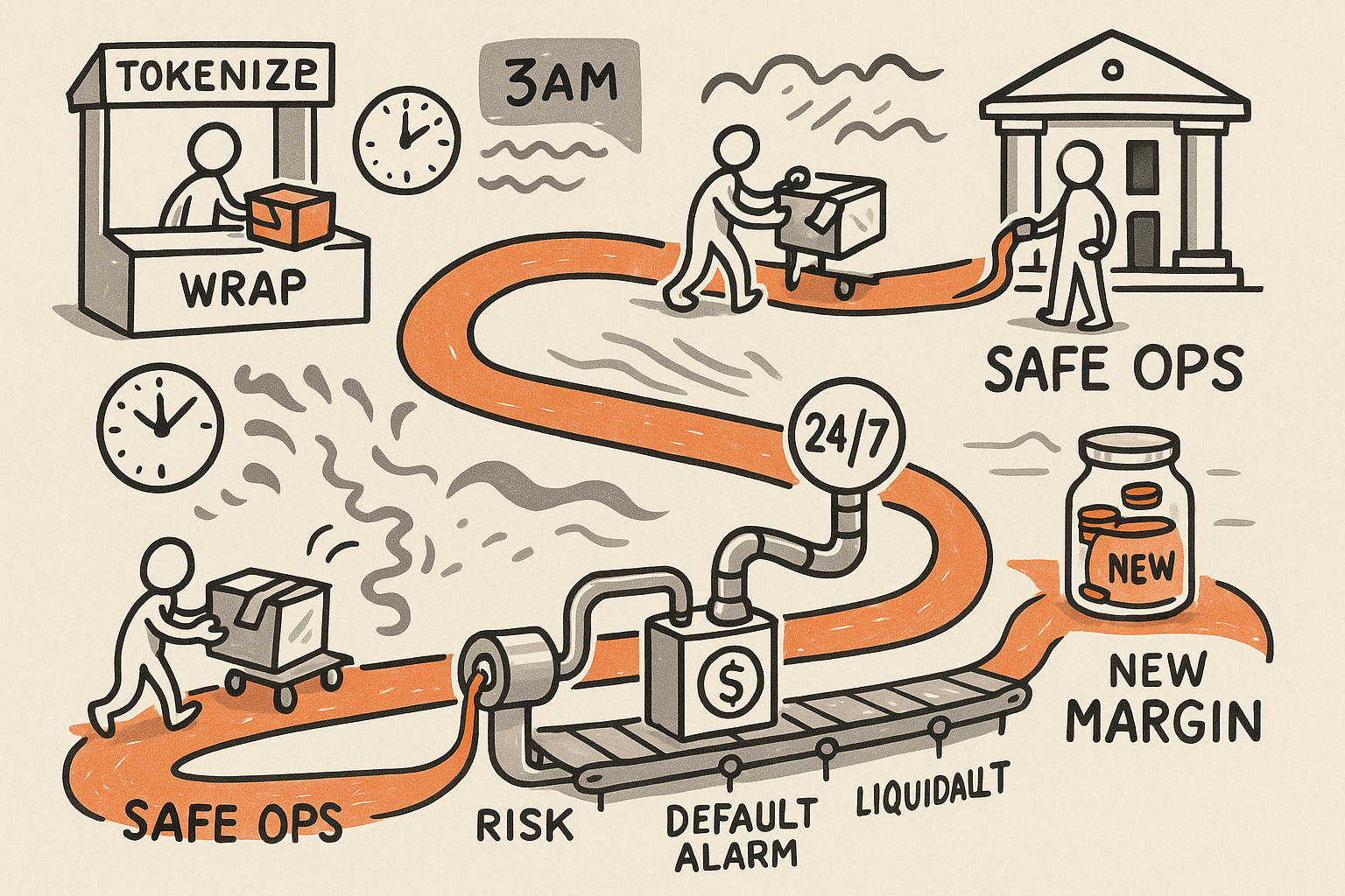 A single character follows a winding path from wrapping an asset with “TOKEN WRAP,” through a 3am failure, to rerouting “24/7 CASH” into a “RISK LOOP” that enables “SAFE OPS” and ends with “NEW MARGIN” earned from always-on controls.