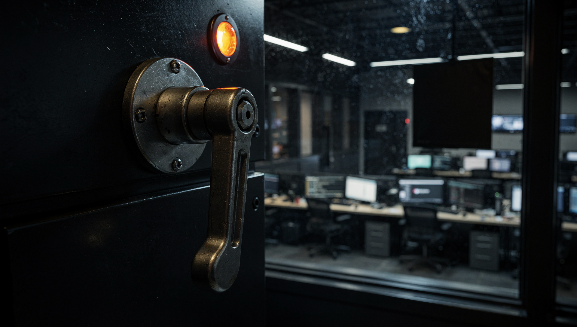 A heavy industrial halt lever with an ember status lamp in a dark control room overlooking a dim, empty trading floor.