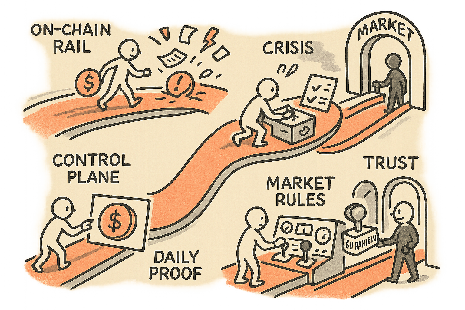 A winding path shows one operator moving a token along a rail, hitting a crisis when controls are missing, then adding a control dashboard that provides daily proof and market rules, ending with trust and approval at the market gate.
