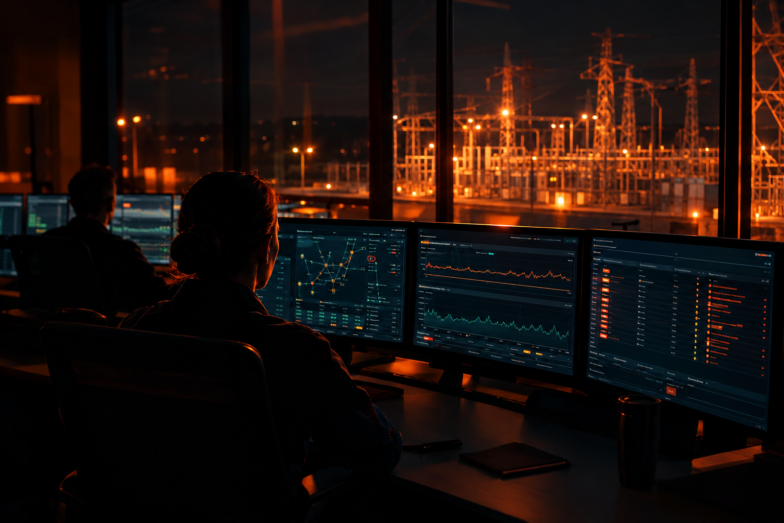 Nighttime control room monitoring a battery storage system and grid conditions.