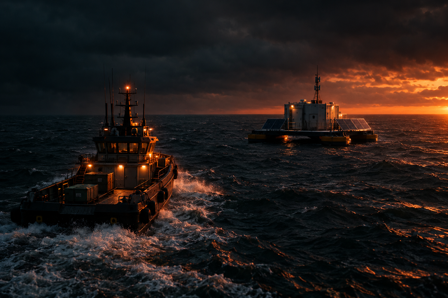 A service boat approaching a floating offshore platform with solar and an equipment module at dusk in rough water.